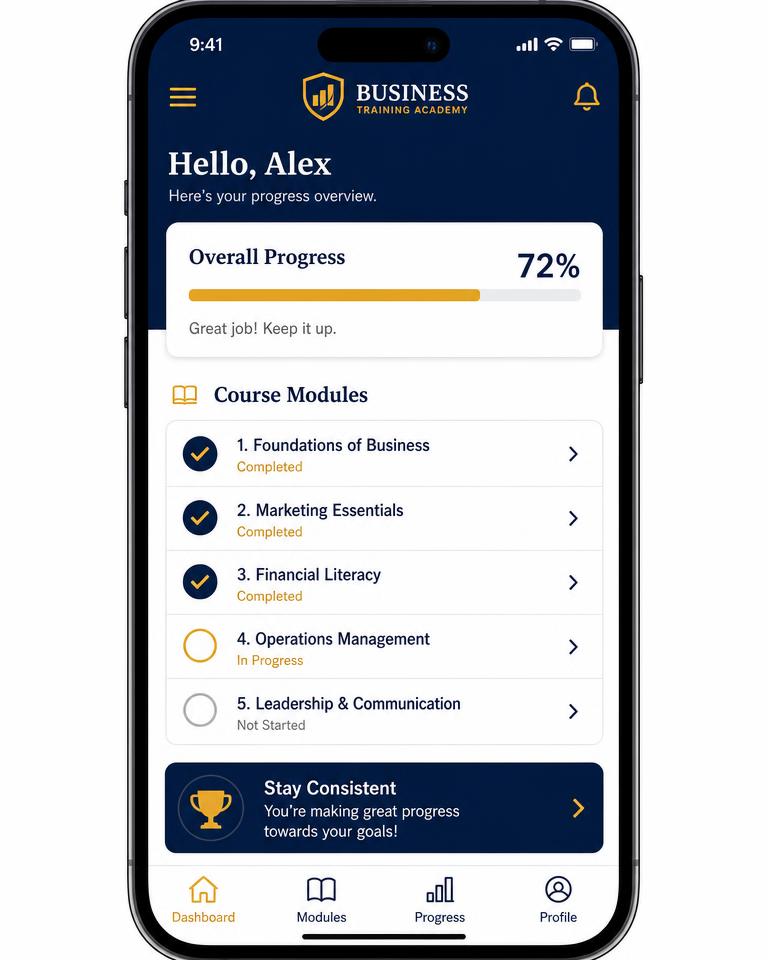 Training dashboard showing completed modules and progress