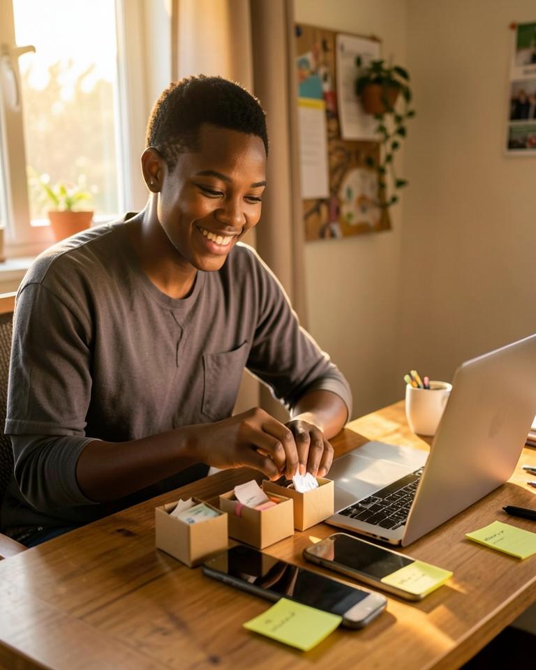 Student packing customer orders at a home workspace