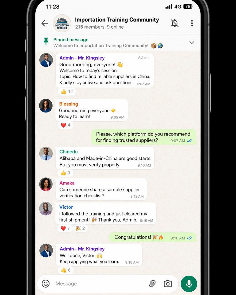 WhatsApp community group chat with students asking questions